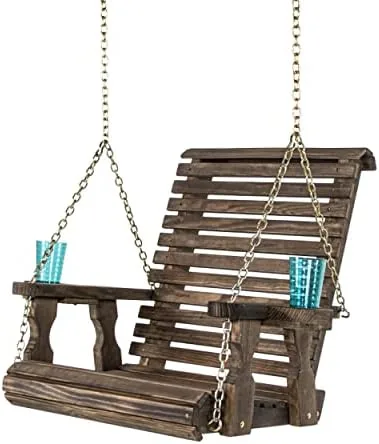 amish casual heavy duty roll back pressure treated swing chair with cupholders dark walnut stain